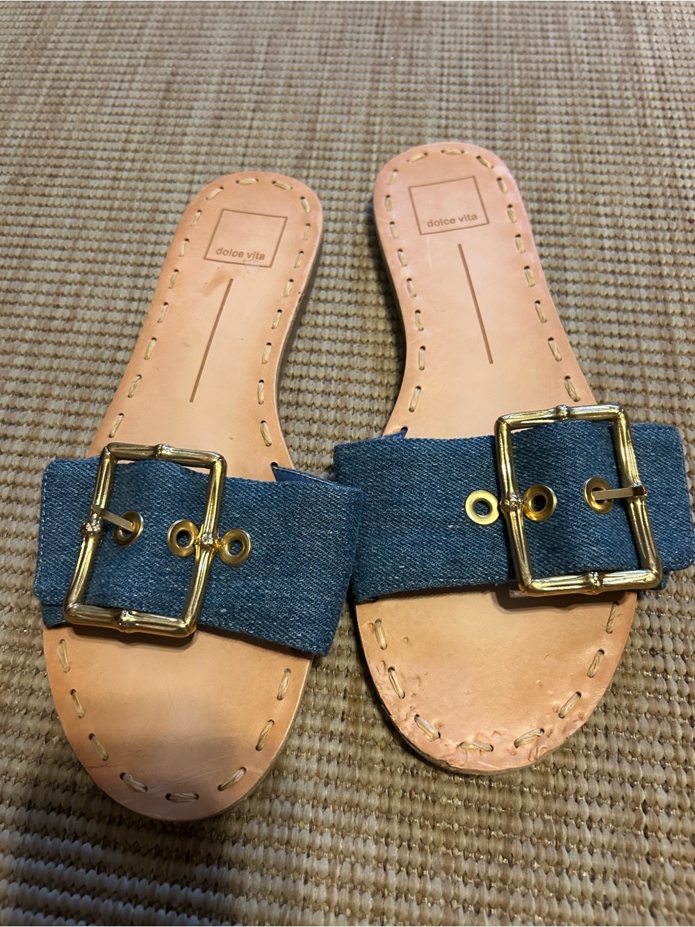 Dolce Vita Denim Slide Sandals with Gold Buckles